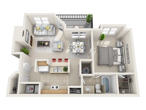Floor plan for 1 bed, 1 bath, 736 sqft